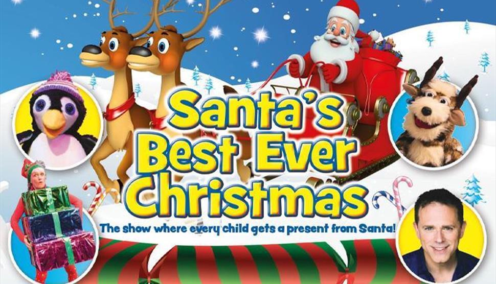 Cartoon Santa with reindeers and sleigh