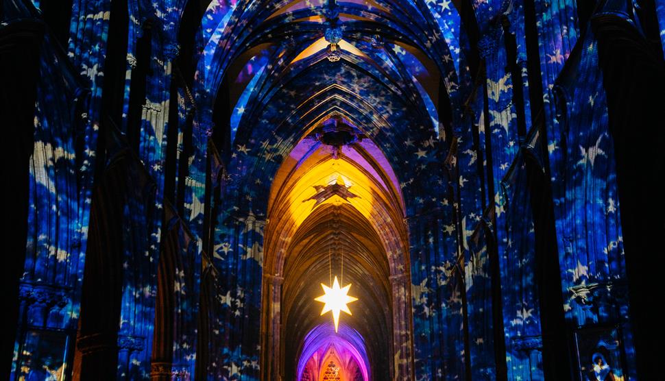 'Star of Wonder' - Sound and light show by Luxmuralis at Winchester Cathedral