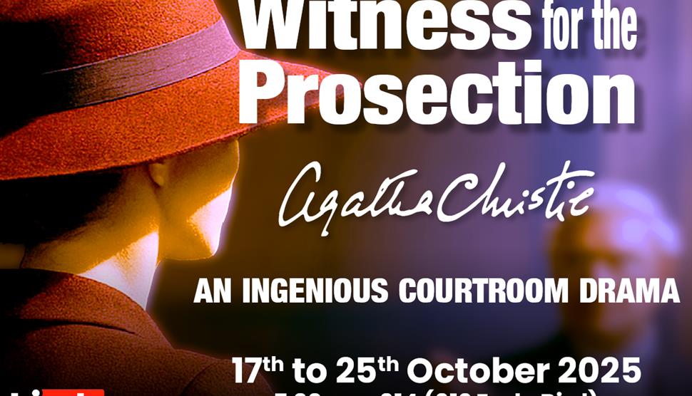 Poster for Witness for teh Presecution:  A lady in a 1930's style suit stands before a distant barrister.