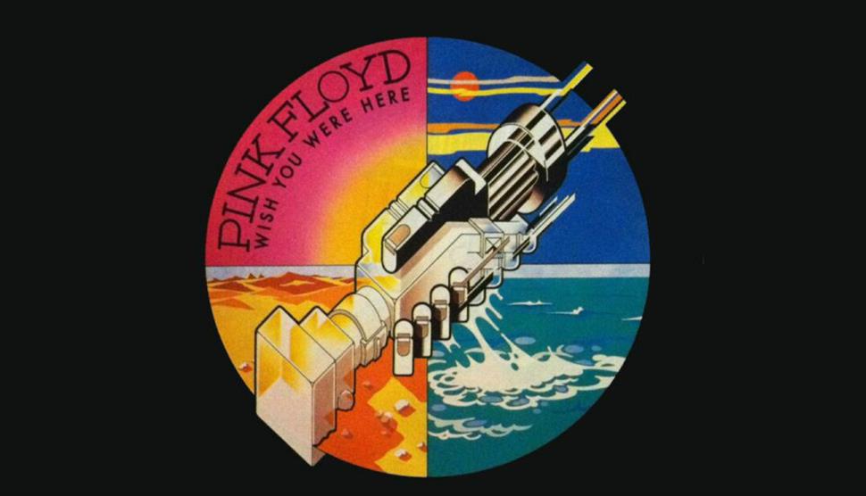 Album cover of Pink Floyd's Wish You Were Here. There is a circle split into four sections and colours - pink, blue, orange and turquoise. There are t
