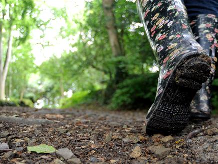 A ground-level shot shows someone's lower leg in wellies striding down a woodland path.