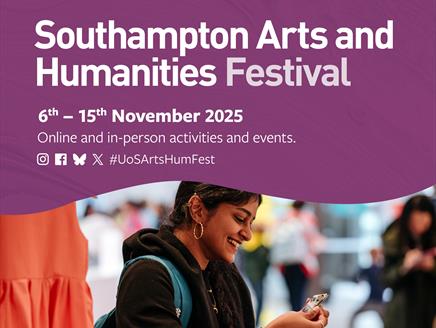 White and light pink text on a textured purple background that says: Southampton Arts and Humanities Festival, 6th – 15th November 2025, Online and in