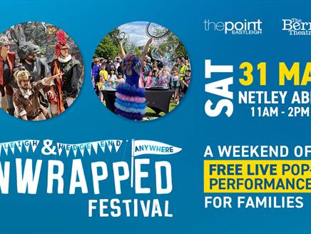 Image has the Unwrapped logo with date on a blue background with festival images in bubbles