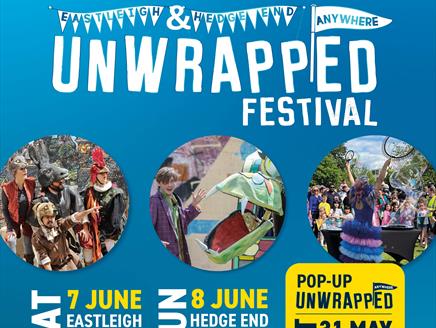 Unwrapped logo and festival images, plus dates on a blue background