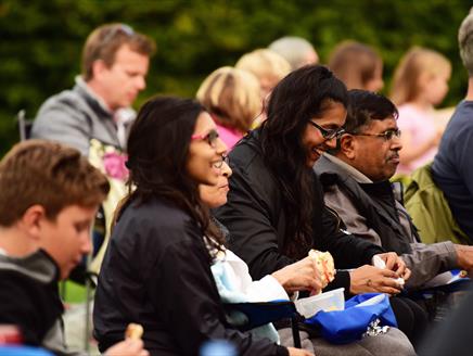 A crowd enjoy an outdoor performance.