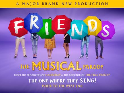Six people holing umbrellas spelling out 'Friends' on a purple background