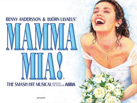 MAMMA MIA! Title next to young woman in wedding dress