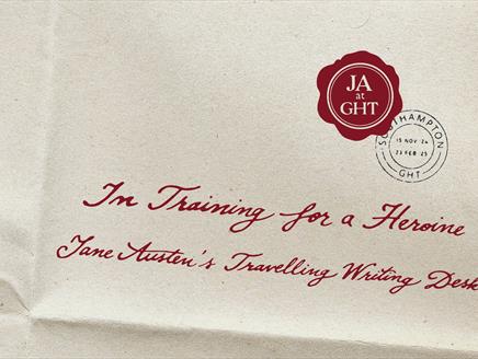 Folded paper indicates name of exhibition in cursive script, with a wax seal & a stamp indicating the exhibition run dates