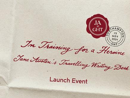 Folder paper in the style of letter writing from Jane Austen's era, with the name of the exhibition in script
