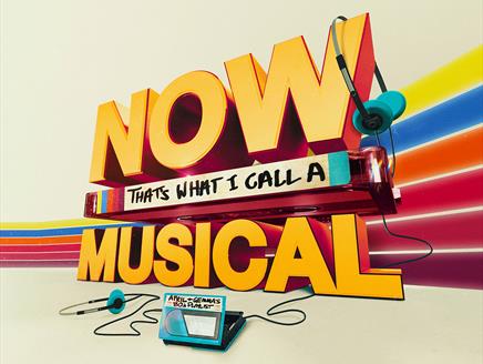 'NOW That's What I Call A Musical' title with headphones and cassette player.