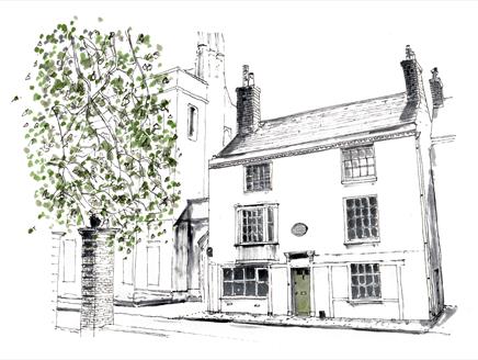 A pencil illustration of No. 8 College Street, Winchester, the house where Jane Austen spent her final weeks and died in 1817.