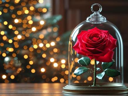 A rose in a bell jar and twinkly festive lights.