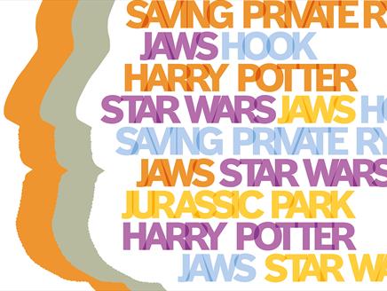 Face silhouette in orange, grey and white. Text reads Saving Private Ryan, Jaws, Hook, Harry Potter, Star Wars