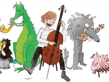 A person that's playing the cello is surrounded by animals playing different instruments