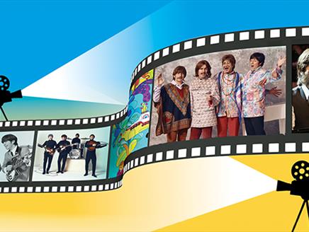 A film roll of The Bootleg Beatles on a blue and yellow background, with two black illustrations of film cameras either side