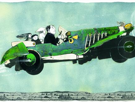 A green car, flying above roof tops, with four people in it