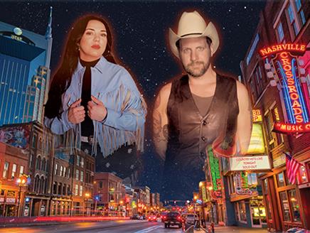 A vibrant night time scene of downtown Nashville, showcasing neon lights and lively atmosphere. In the foreground, two country musicians are prominent