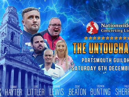 Poster for A Night at the Darts 2025 at Portsmouth Guildhall, featuring some of those who will be competing