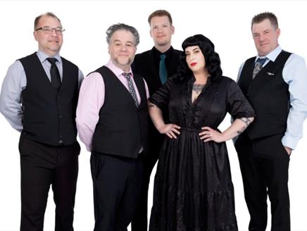 Press shot for Davina and the Vagabonds, featuring the five members of the band against a white background