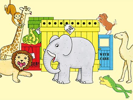An illustrated image of animals (lion, giraffe, monkey, snake, elephant, frog, dog, and a camel) on a pale yellow background