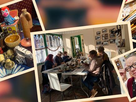 Vintage objects on a table, a photo of the artist, a photo of a previous class, a photo of paintbrushes