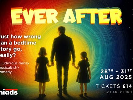 Poster for ever after - Silhouette of a man holding the hands of his two children with a colourful swirl of rainbow colours before him.