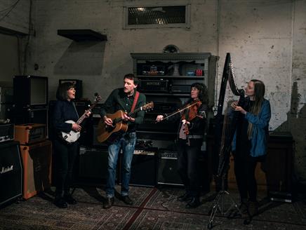 A band made up of a woman playing a banjo, a man playing guitar, a man playing the fiddle and a woman playing the harp.