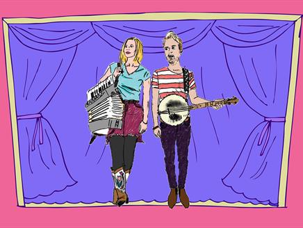 An illustration of Megson, a blonde woman in a blue top, pink skirt, black tights, and boots, holding an accordion over her shoulder and a blond man i