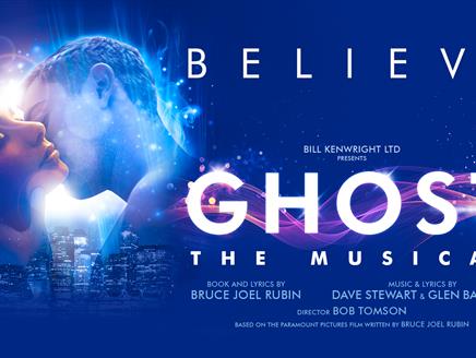 Ghostly man kisses woman's check over skyscraper skyline. Believe. Bill Kenwright ltd presents Ghost the musical book and lyrics by Bruce Joel Rubin M