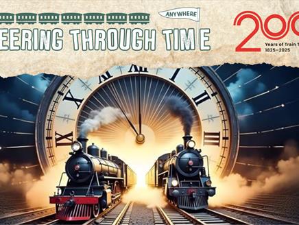 Two trains travelling through a clock face, with smoke around