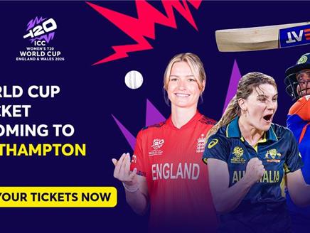 Players from England, Australia and India with a bat and ball. Purple background with branded bolts and text which reads World Cup Cricket is coming t