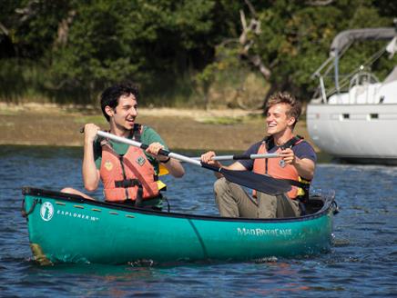 Two people splashing about on the water in a canoe.