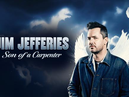 Poster for the Son of a Carpenter by Jim Jefferies, showing the comedian with angel wings