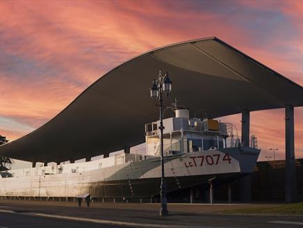 LCT 7074 outside The D-Day Story at sunset