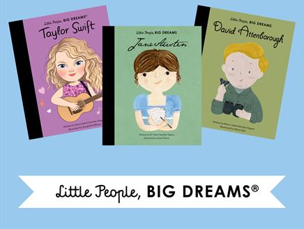 Little People, Big Dreams® book covers, each featuring an illustration of a different person: Taylor Swift, Jane Austen, and David Attenborough.