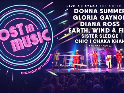 Roundle with title 'Lost in Music' next to band on stage with three singers