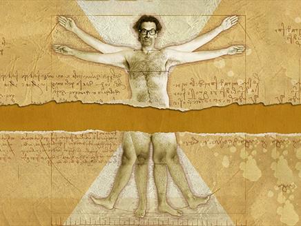 Poster for Vitruvian Mango by Marcus Brigstocke, showing the comedian looking like Da Vinci's Vitruvian Man illustration