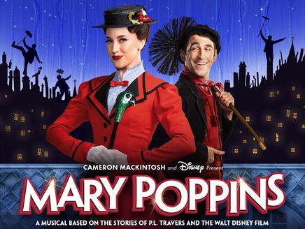 Woman in red jacket and men dress as chimney sweep stood in front of London skyline