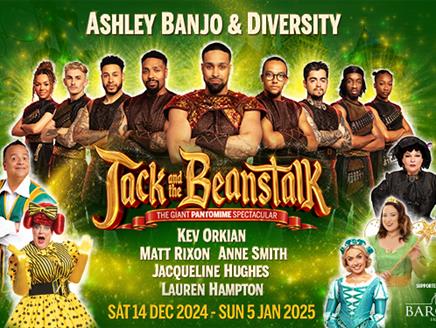Diversity stand in a line with Matt Rixon as Dame Trot, Anne Smith as Mrs Blunderbore, Jacqueline Hughes as The Spirit of the Beans, and Lauren Hampto