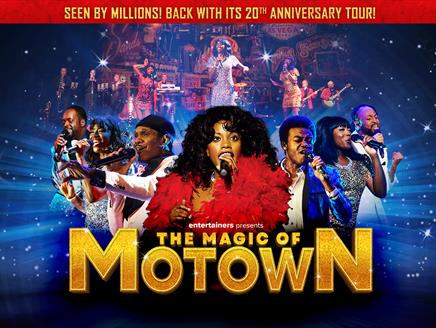 7 singers on a blue sparkly background. Gold text reads 'Seen by millions! Back with it's 30th anniversary tour! Entertainers presents The Magic of Mo