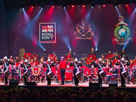 The Massed Bands of His Majesty's Royal Marines on stage at Portsmouth Guildhall