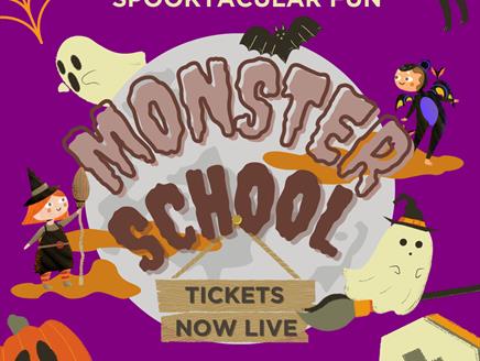 Purple graphic, bold bright full moon showing infomation about SKy Park Farms Halloween Monster School