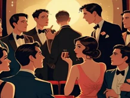 Cartoon showing two women and a number of men in dinner jackets.