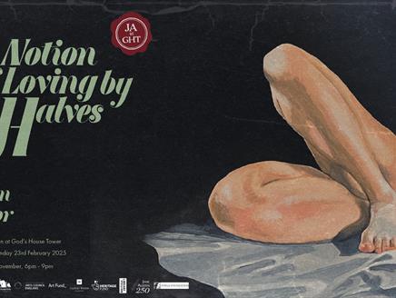 Painting of a pair of legs, with a gothic novel style script