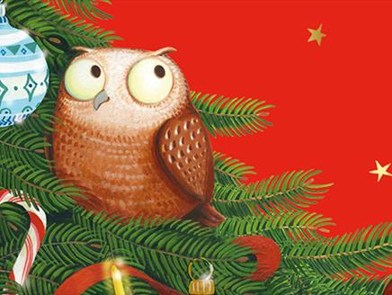 An illustration of an owl perched in a Christmas tree. A blue and white bauble, a red and white striped candy cane, and a few fairy lights are also on