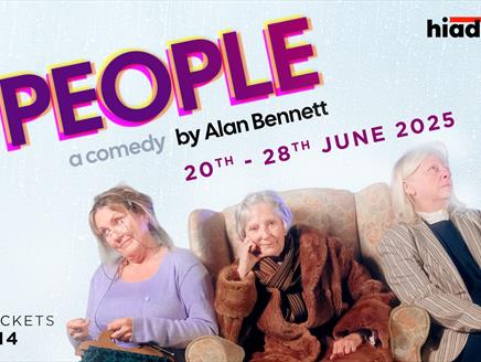 Poster for People - Three Ladies sit and look quisical as two gentlemen stand behind using mobile phones of framing the scene with their fingers.