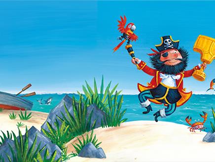 A vibrant illustration of a pirate on a sandy beach with the ocean in the background. The pirate, dressed in a traditional outfit with a red coat, bla