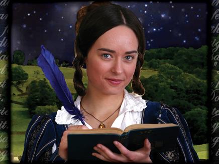 Lady writing into a book with countryside in background