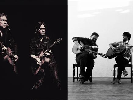 A split image of The 4 of Us on the left, dark black and white image of two men in dark clothes playing guitars in front of microphones. The right is