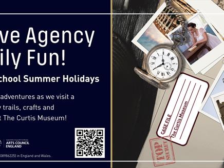 Time Detective Agency Summer Family Fun. Time Travel Adventures each week. Picture: A detective's desk with a notebook, magnifiying glass, polaroids,